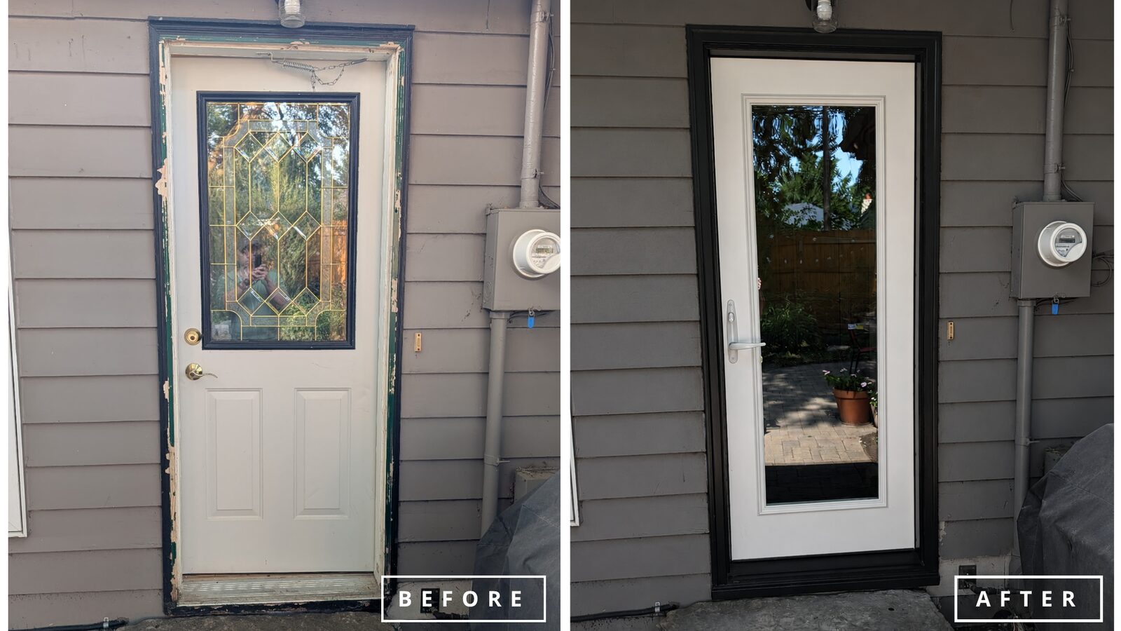 Before and after: a worn door with peeling trim and a decorative glass insert replaced with a full-glass Ensemble entry door with a black frame